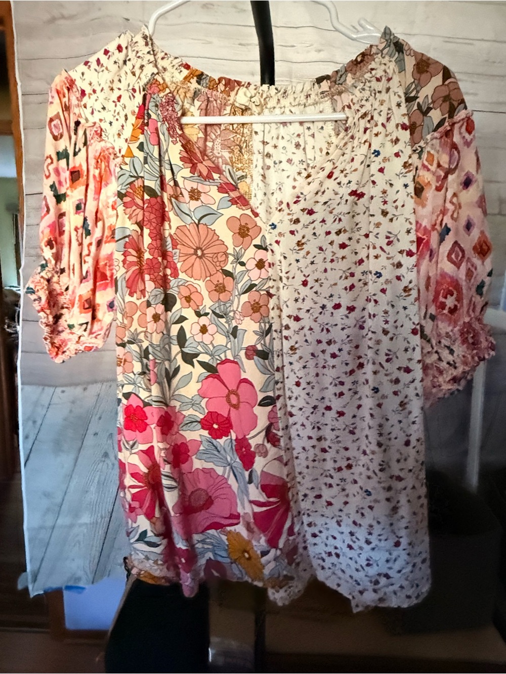 BiBi Pink Floral Patchwork Blouse with Cream Panels